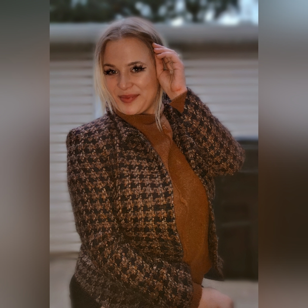 Style & Co Houndstooth Brown/Copper + Black Tweed Coat/Blazer sz 10 Petite
